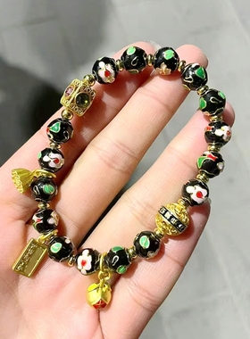 黑色景泰蓝掐丝繁花多彩瓷手链香灰琉璃金箔手串莲蓬转运珠饰品