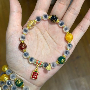 南普陀白糖心玛瑙五路财神手串香灰琉璃多巴胺半糖金箔转运珠手链