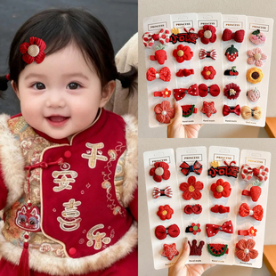 宝宝新年可爱汗毛夹婴幼儿不伤发胎毛发夹女童红色过年喜庆发饰