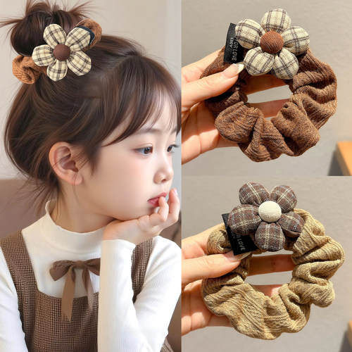 儿童秋冬奶咖色花朵大肠发圈女童2025新款扎丸子头发绳小女孩发饰
