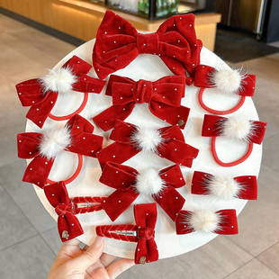 儿童红色新年款植绒蝴蝶结毛球对夹甜美女童发箍发夹碎发侧边夹