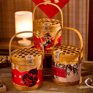 2026新年礼品编织篮烘培饼干坚果手提竹篮定制春节年货礼品包装盒