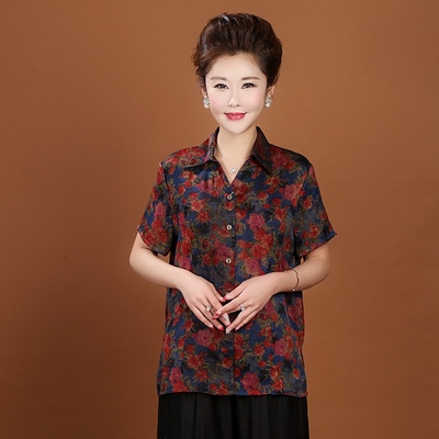 修身桑蚕丝翻领花色衬衫妈妈装