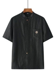 重磅香云纱龟纹唐装男夏季短袖衬衫中老年男装中式真丝桑蚕丝上衣