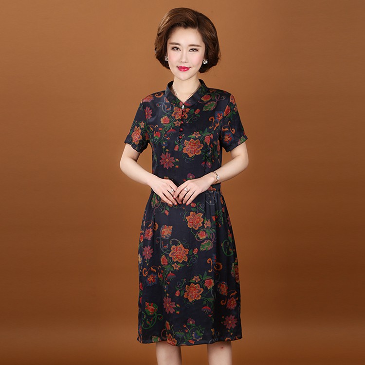 中老年真丝连衣裙短袖妈妈夏装桑蚕丝香云纱女中长款大码修身显瘦