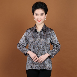中老年真丝女装素绉缎长袖衬衫妈妈春装大码宽松纯桑蚕丝碎花上衣