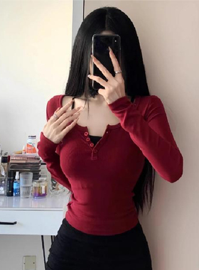 红色纯欲打底衫辣妹显瘦春秋冬新款半开纽扣长袖T恤修身显瘦上衣