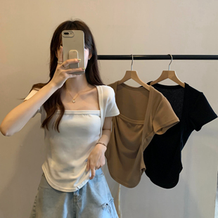 打底衫 辣妹2025夏季 方领修身 韩版 简约纯色不规则上衣显瘦t恤 短袖