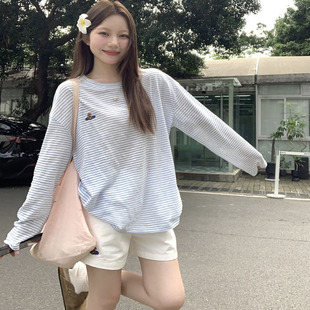 薄款 百搭条纹长袖 T恤女夏季 宽松上衣ins 防晒罩衫 新款 夏季 慵懒经典