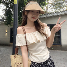 荷叶边一字领露肩设计感短袖T恤女夏季新款褶皱收腰显瘦小众上衣