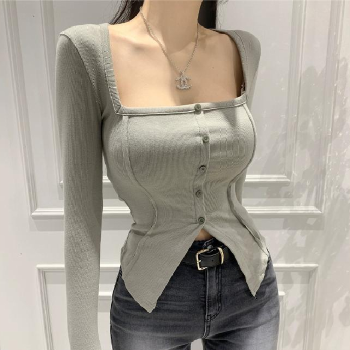 纯欲方领单排扣修身T恤