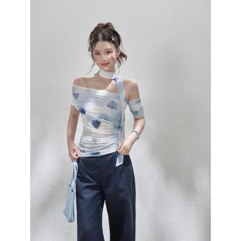 韩系晕染花朵斜肩T恤女夏季新款复古修身显瘦褶皱设计感薄款上衣