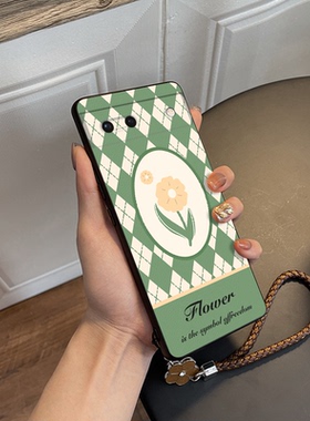 适用谷歌Pixel6Pro素皮纹6XL手机壳8Pro保护套7Pro防摔全包链条女菱格清新花绿色挂绳小众定制ins风