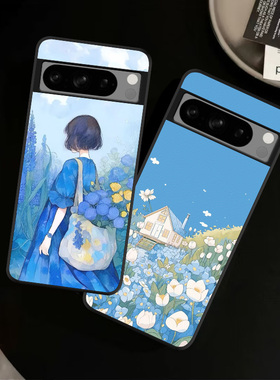 适用Google谷歌Pixel10ProXL手机壳皮纹7A彩绘9保护套6Pro蓝色郁金香花清新女孩轻奢爆款潮创意定制ins风