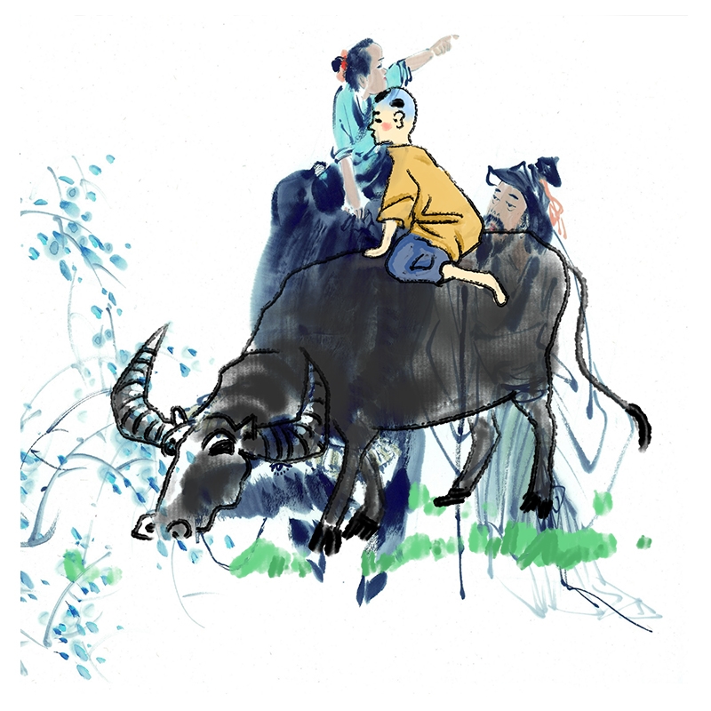 水墨画牧童骑牛挂画民宿走廊房间墙画壁画喷绘打印画