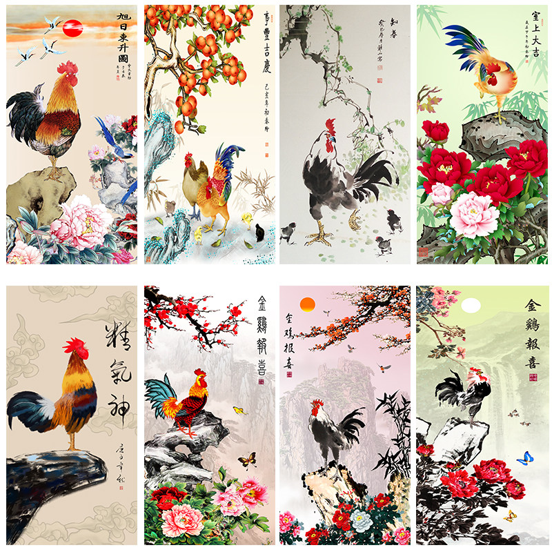 招财纳福玄关风水挂画金鸡报晓大公鸡雄鸡图背胶布画客厅书房墙画