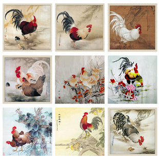 大吉大利水墨画大公鸡斗方雄鸡独立客厅走廊书房挂画布画无痕背胶