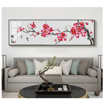 新中式风桃花运横版喷绘自粘墙画