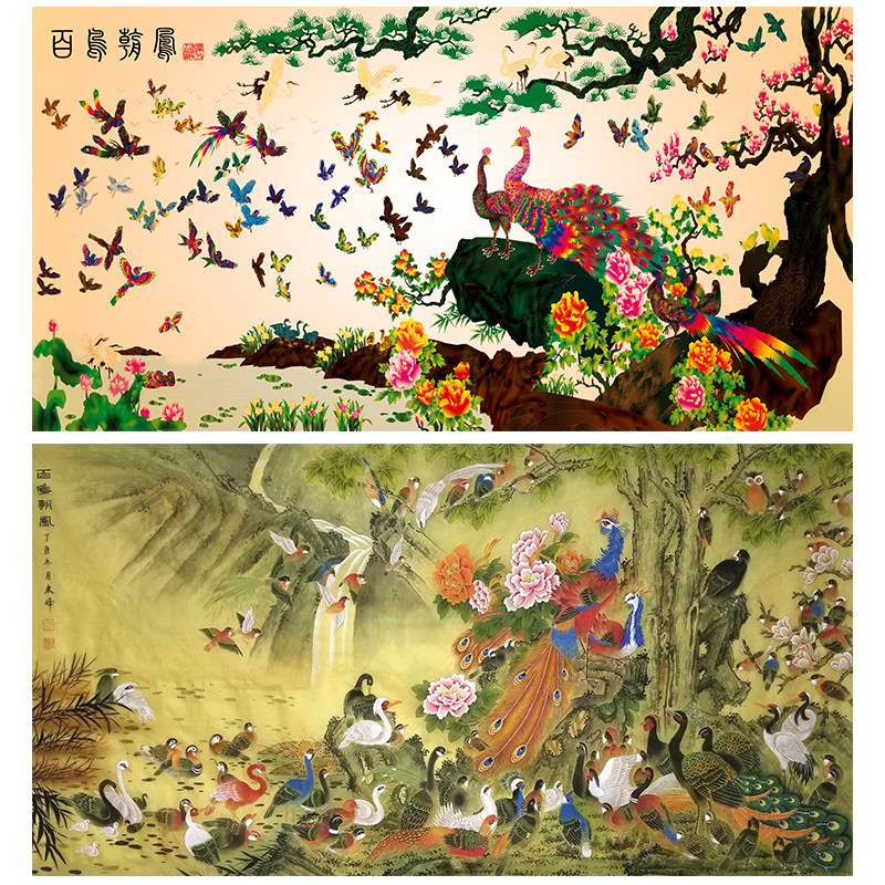 百鸟朝凤挂画百子图招财纳福中堂客厅沙发背景墙孔雀牡丹花喷绘画