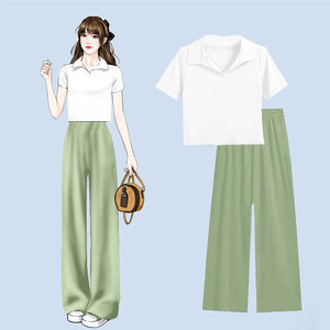 单/套装 POLO衫短袖套装女2024新款冰丝阔腿裤休闲夏装搭配一整套