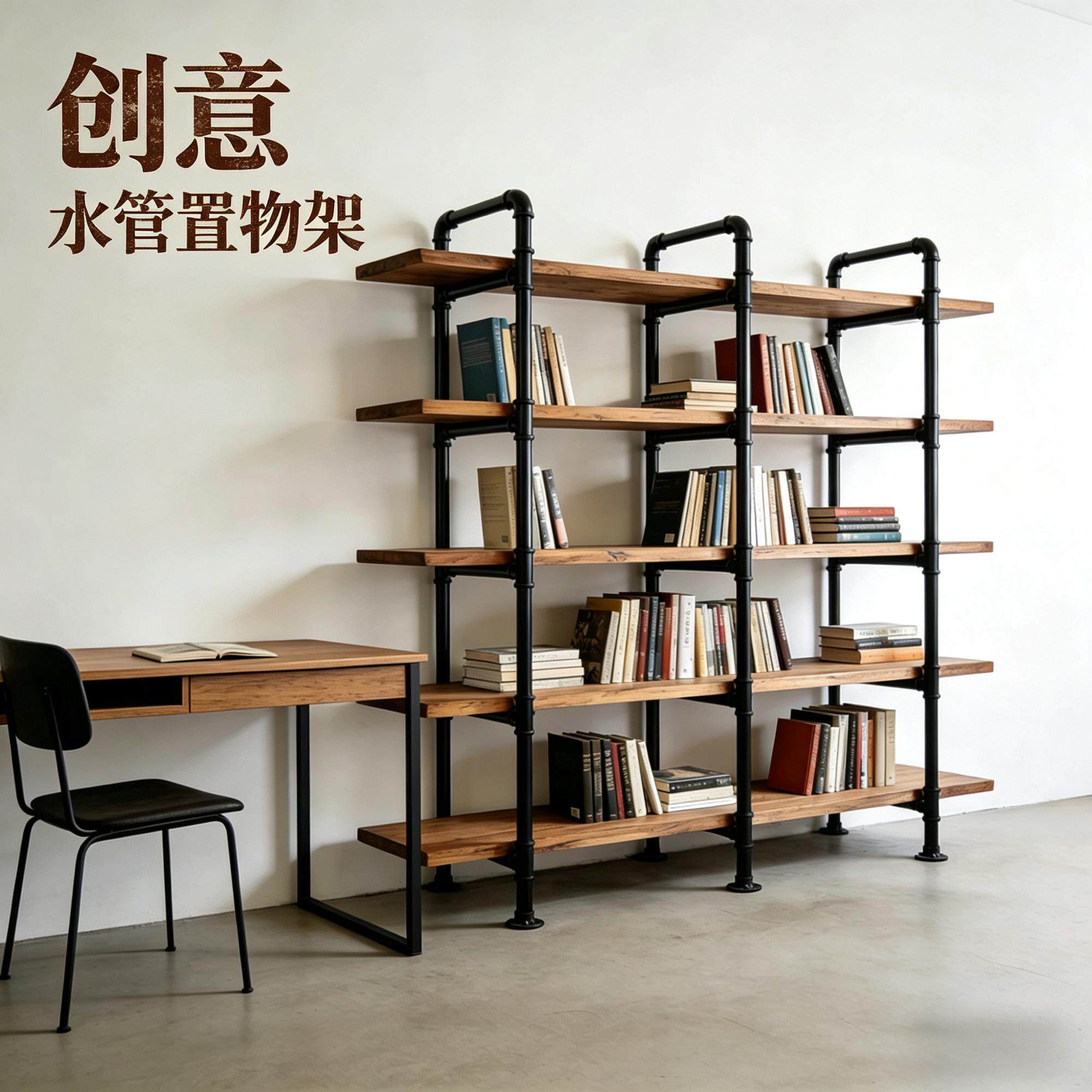 古铁坊工业风创意水管置物架loft复古多层货架落地书架搁板展示架