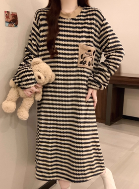 长袖睡衣女冬季睡裙双面珊瑚法兰绒保暖宽松加大码家居服可外穿