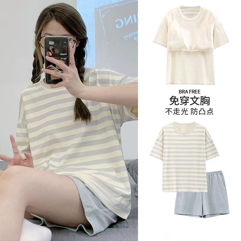 自带胸垫睡衣女士夏季短袖纯棉初中学生10-15岁防凸点套装家居服