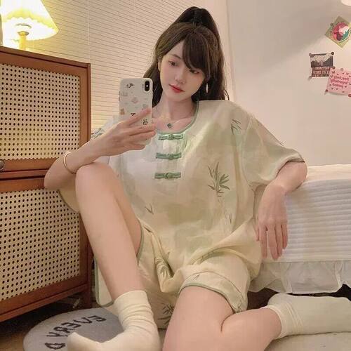 新中式国风两件套装女夏季薄款带胸垫短袖夏天可外穿睡衣女家居服