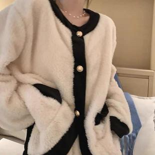 法兰绒可外穿套装 开衫 长裤 网红小香风珊瑚绒保暖睡衣女秋冬天长袖