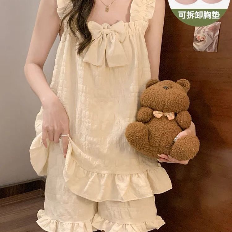 云朵棉帶胸墊背心睡衣女夏季純棉紗短褲套裝甜美簡(jiǎn)約公主風(fēng)家居服