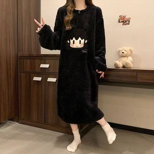 睡裙女士秋冬季加绒加厚宽松法兰绒宽松显瘦黑色连衣裙睡衣可外穿