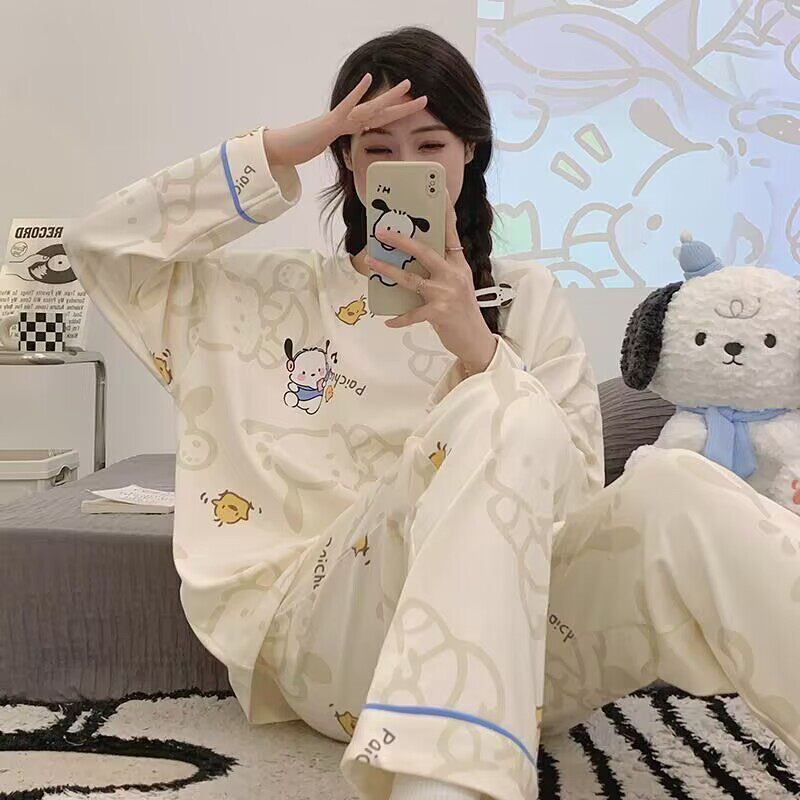 韩版新款睡衣女春秋天长袖套装莫代尔棉宽松加大码两件套家居服
