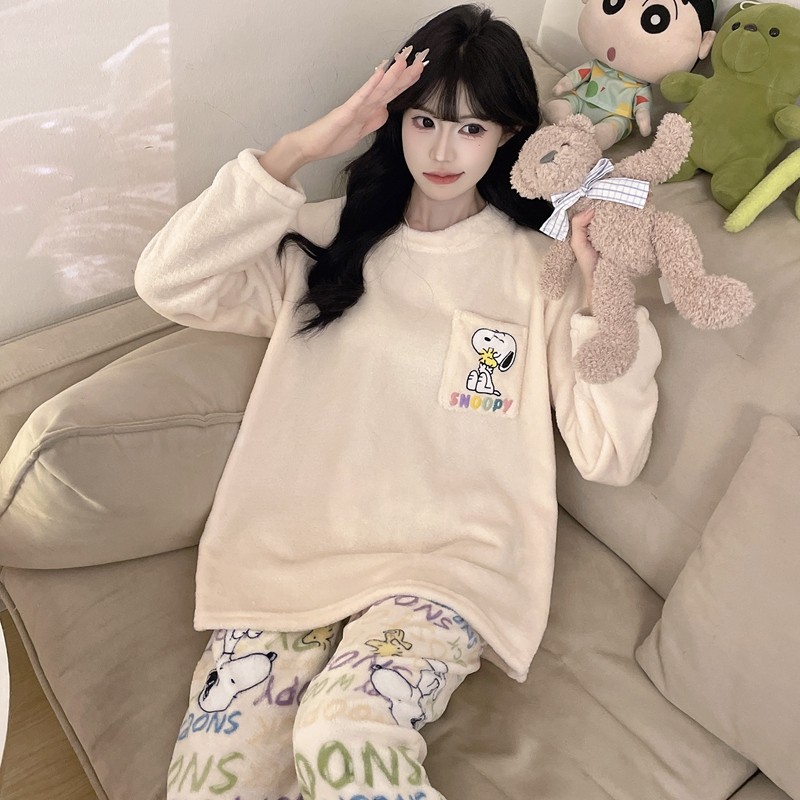 冬季珊瑚绒睡衣女卡通史努比长袖套装加绒保暖法兰绒家居服可外穿