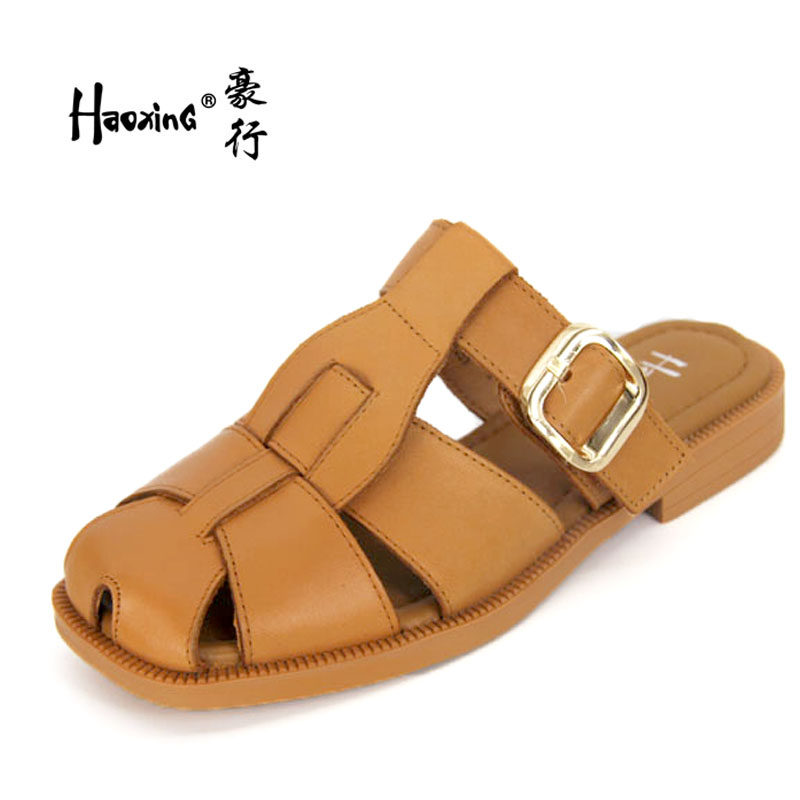 豪行夏季24212763时尚真皮百搭包头鞋托外穿低跟软底女凉鞋