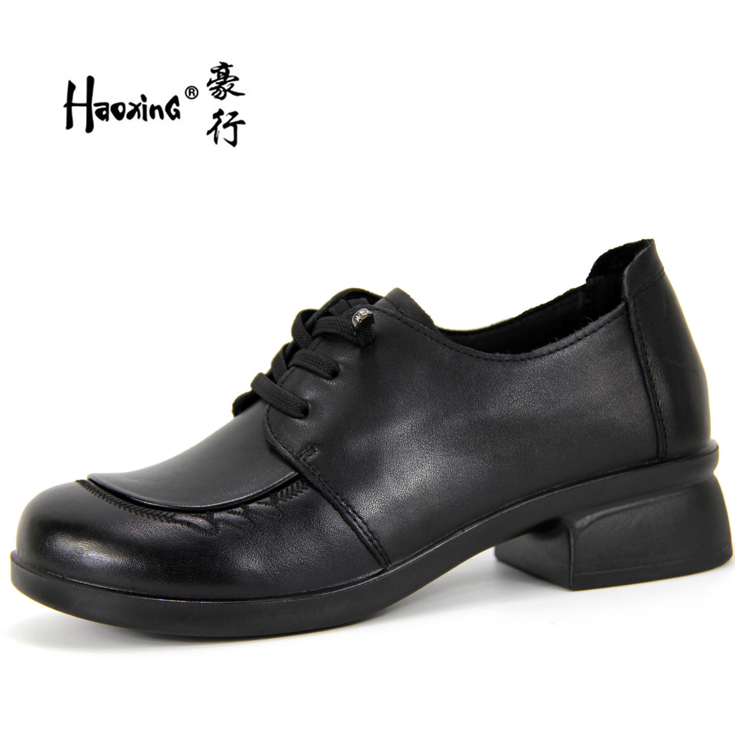 豪行秋季新款25303227真皮休闲女鞋方跟中跟黑色工装鞋舒适乐福鞋