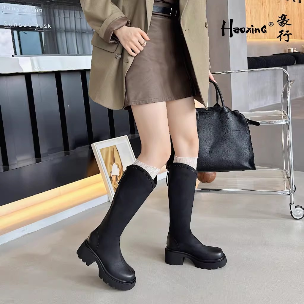 豪行秋冬百搭长筒女靴方跟单靴