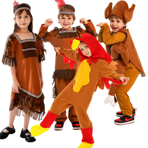感恩节儿童服装烤火鸡印第安土著