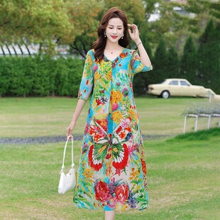 夏季桑蚕丝V领七分袖印花连衣裙女中长款妈妈收腰气质显瘦真丝裙