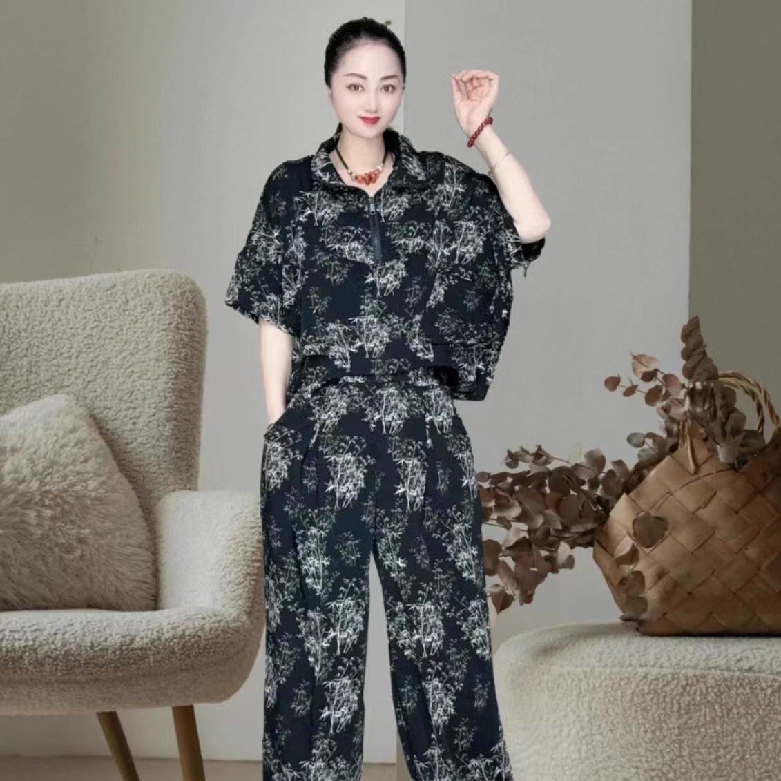 2025新款中老年女装夏印花短袖上衣哈伦裤两件套时尚洋气显瘦休闲,女装/女士精品,中老年女装,淘宝优惠券,粉丝福利购,淘宝优惠卷