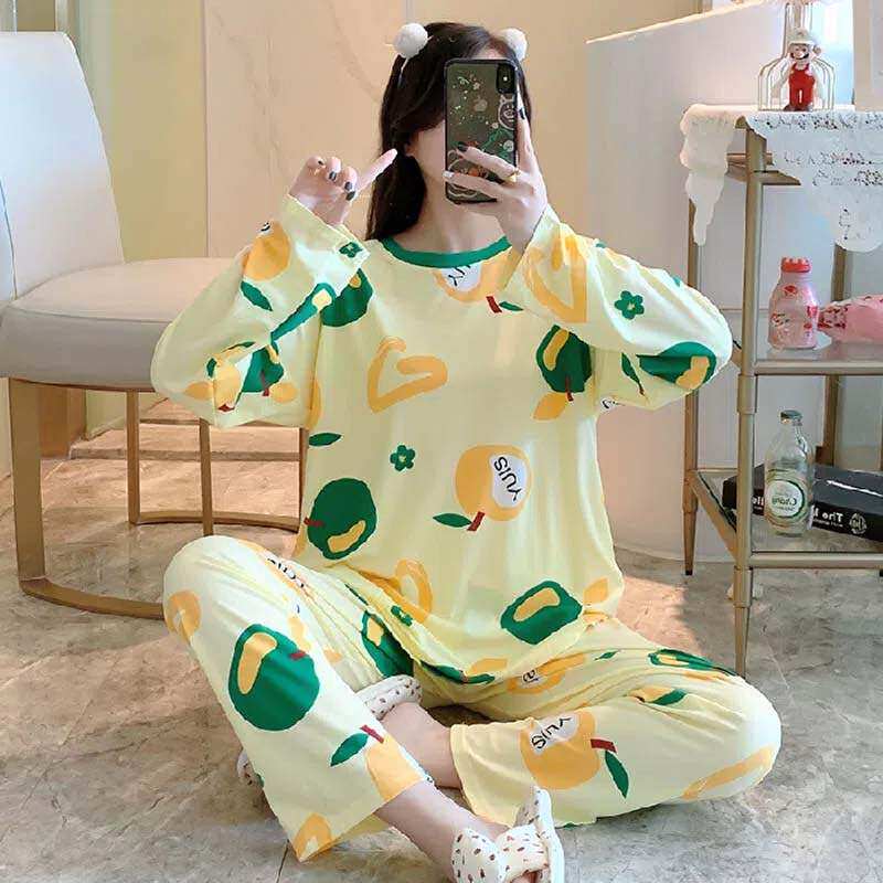 新款女士睡衣春秋冬季薄款长袖长裤棉质圆领宽松版学生家居服套装