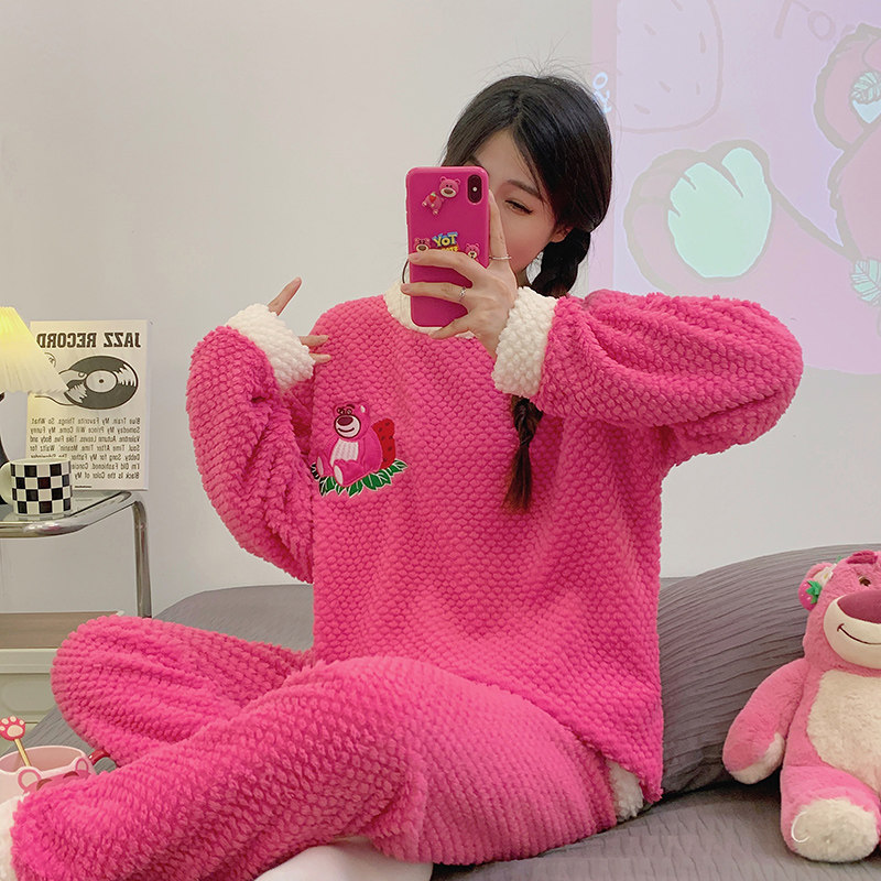剪花法兰绒睡衣女秋冬套头简约长袖长裤宽松可外穿家居服两件套装