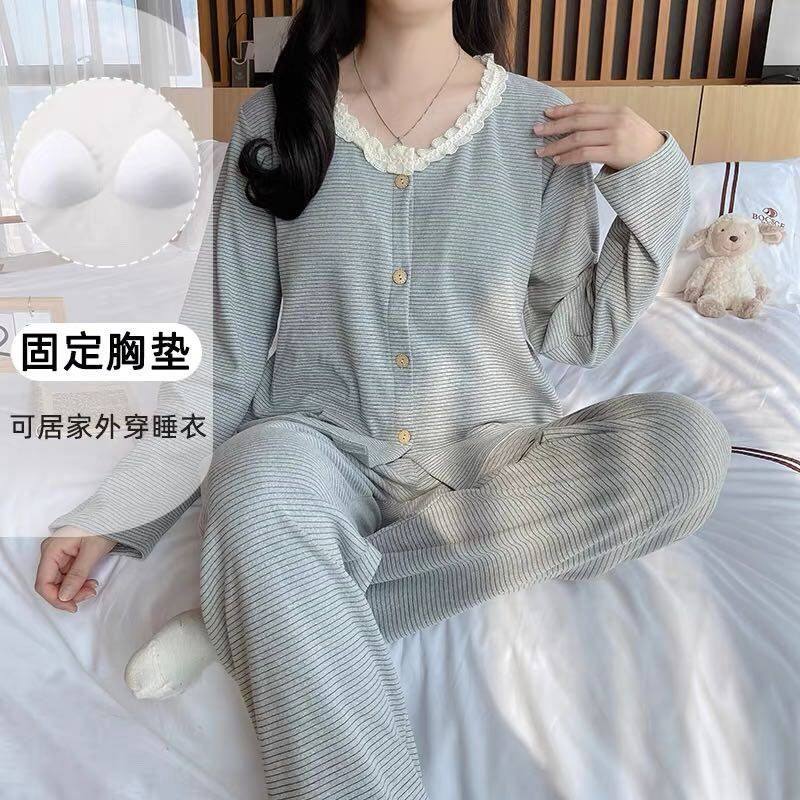 德绒开衫带胸垫睡衣女士秋冬季爆款韩版蕾丝圆领卡通家居服套装