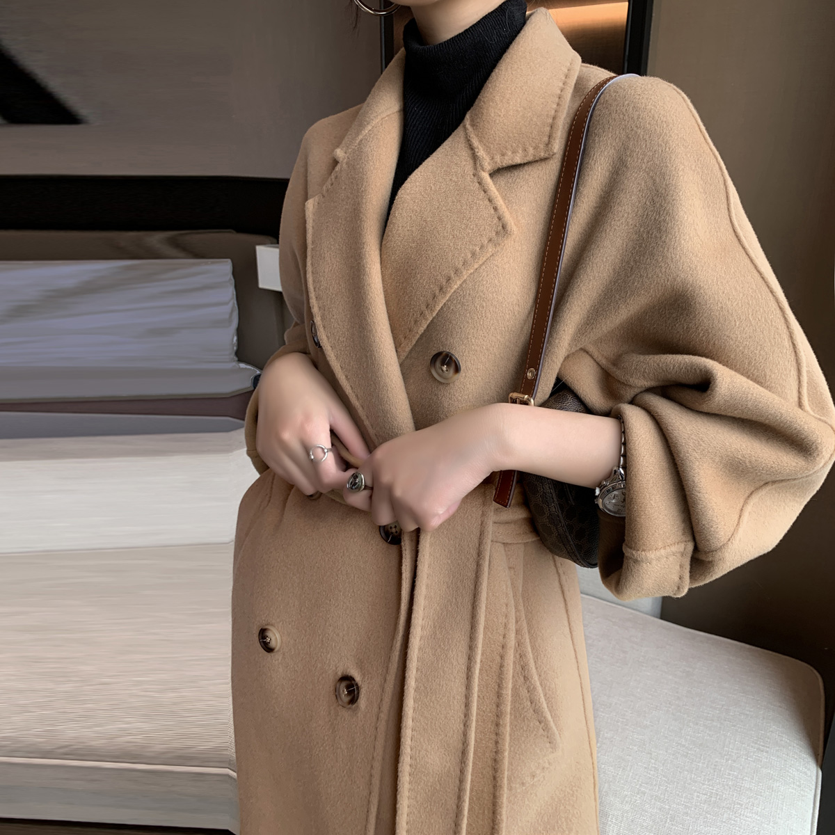 2021秋冬新款驼色无羊绒双排扣双面呢大衣羊毛呢子外套中长款女士