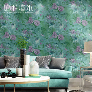 乡村复古绿色碎花大花卧室背景客厅壁纸纯纸 北欧田园花朵墙纸美式