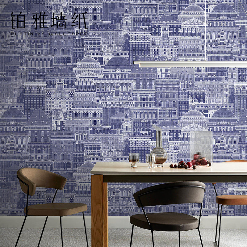 北欧手绘壁纸欧式建筑黑白城市街景客厅卧室餐厅背景墙纸主题酒店