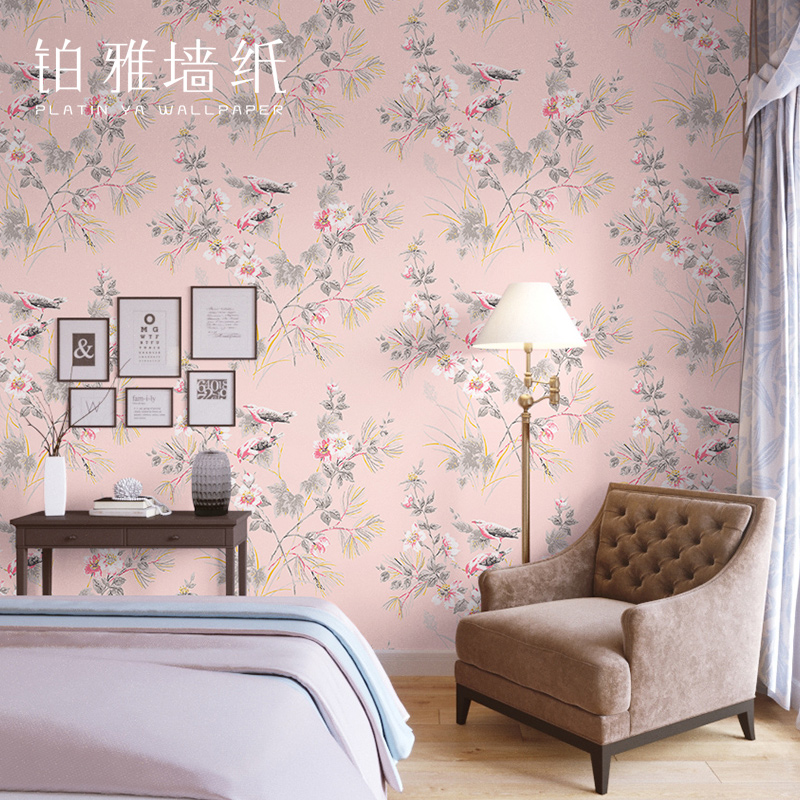 中式无纺布田园花鸟碎花粉色墙纸美式客厅卧室背景壁纸蓝色中国风