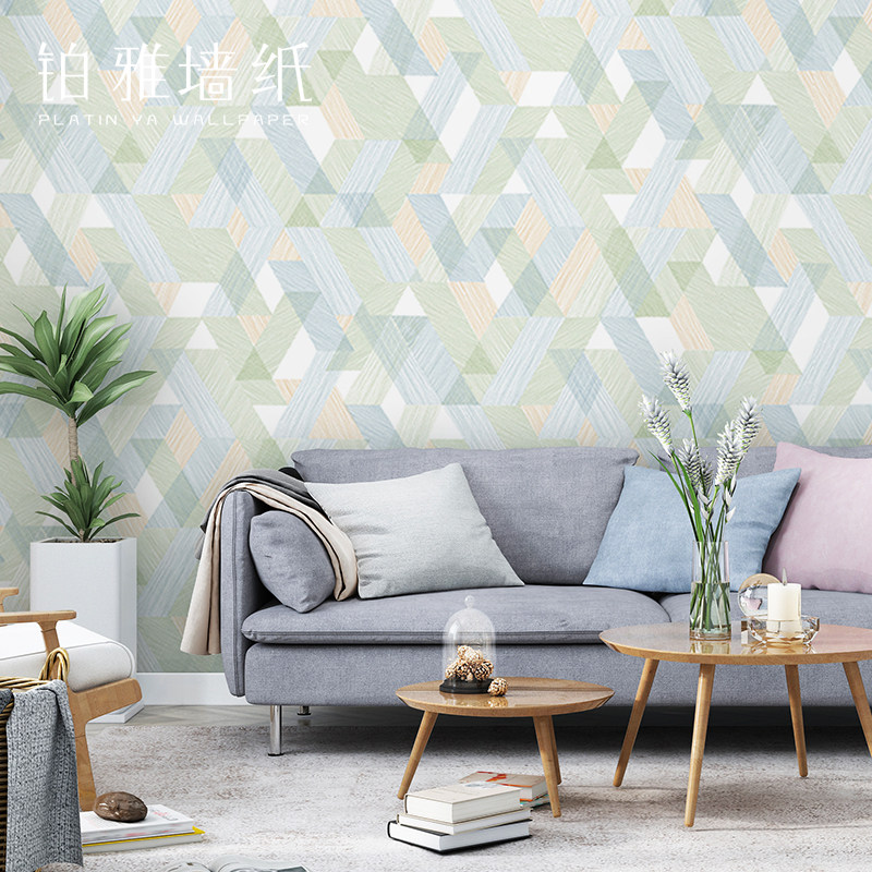 北欧风格无纺布几何方块绿色灰色格子墙纸客厅卧室电视背景墙壁纸
