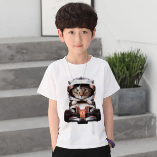 开车小猫短袖T恤男童装印花图案赛车猫咪夏季中大童衣服宽松体恤