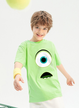 绿色大眼仔短袖t恤怪兽大学衣服小众设计男孩童装印花图案亲子装