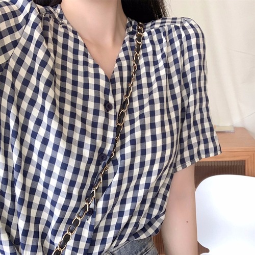 Real price 100% fiber summer Plaid Shirt women's V-neck chic design small top